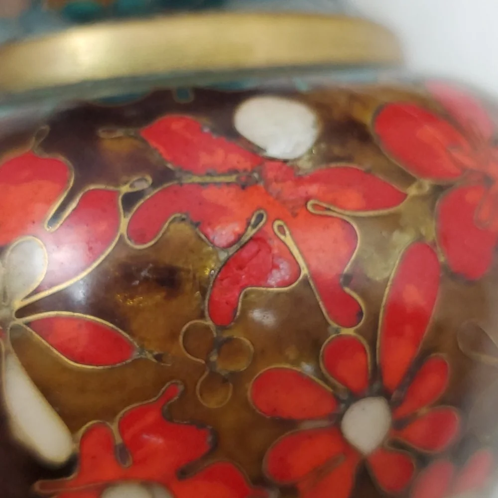 Vintage Cloisonn Vases Set 2 Red Blue Robert Kuo's Chinese metal Enamel Floral